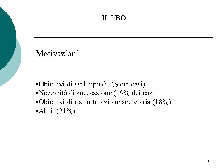 IL LBO Motivazioni • Obiettivi di sviluppo (42% dei casi) • Necessità di successione