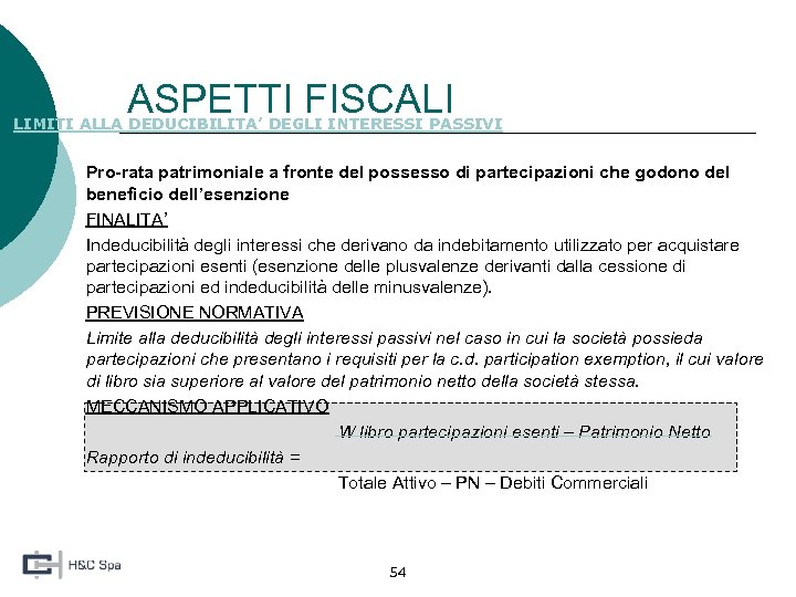 ASPETTI FISCALI LIMITI ALLA DEDUCIBILITA’ DEGLI INTERESSI PASSIVI 2. Pro-rata patrimoniale a fronte del
