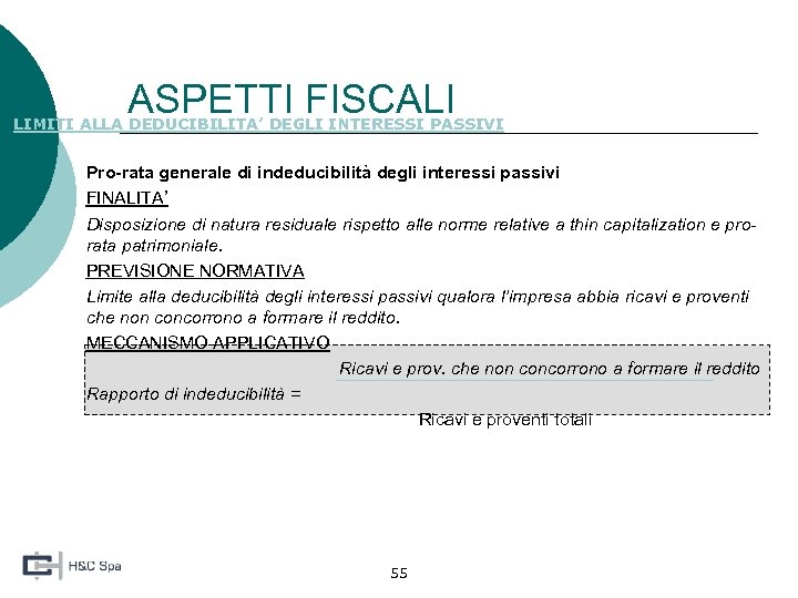 ASPETTI FISCALI LIMITI ALLA DEDUCIBILITA’ DEGLI INTERESSI PASSIVI 3. Pro-rata generale di indeducibilità degli