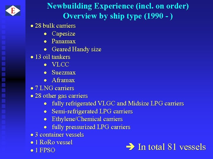 Newbuilding Experience (incl. on order) Overview by ship type (1990 - ) · 28