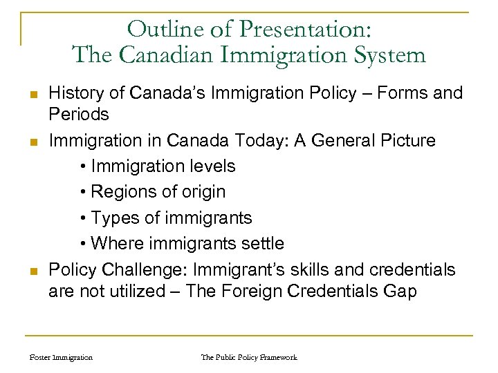 Outline of Presentation: The Canadian Immigration System n n n History of Canada’s Immigration