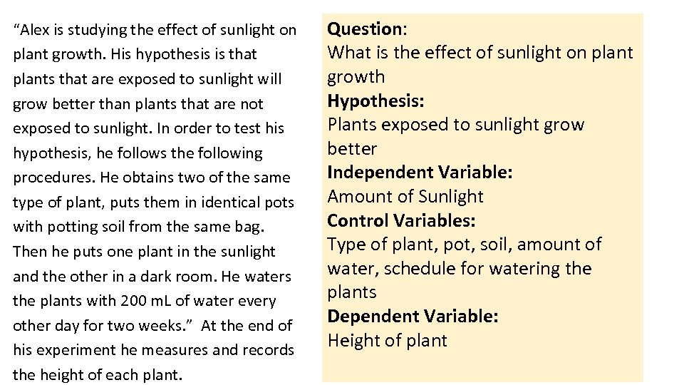 “Alex is studying the effect of sunlight on plant growth. His hypothesis is that