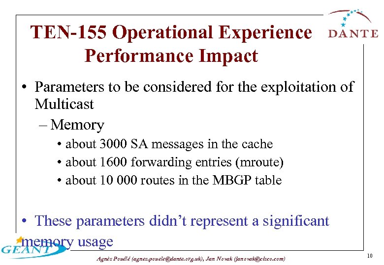 TEN-155 Operational Experience Performance Impact • Parameters to be considered for the exploitation of