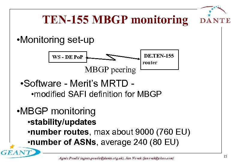 TEN-155 MBGP monitoring • Monitoring set-up WS - DE Po. P MBGP peering DE.