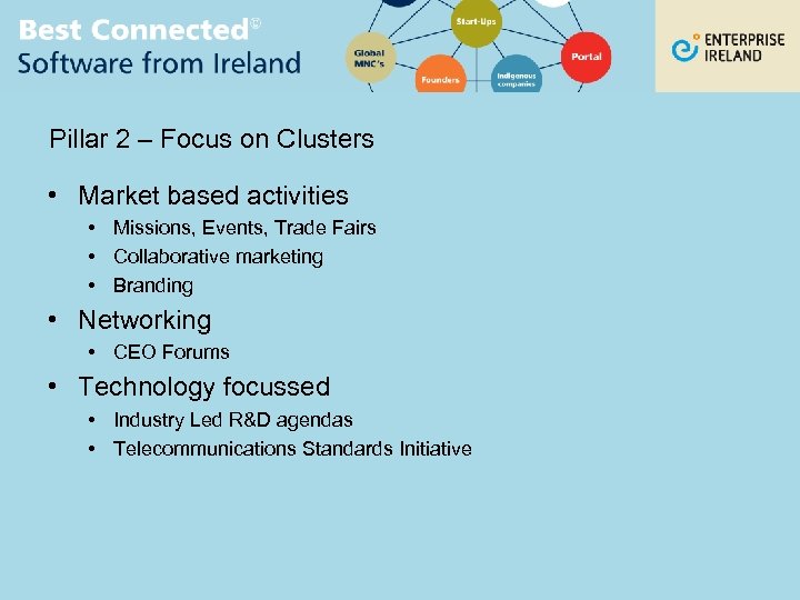 Pillar 2 – Focus on Clusters • Market based activities • Missions, Events, Trade
