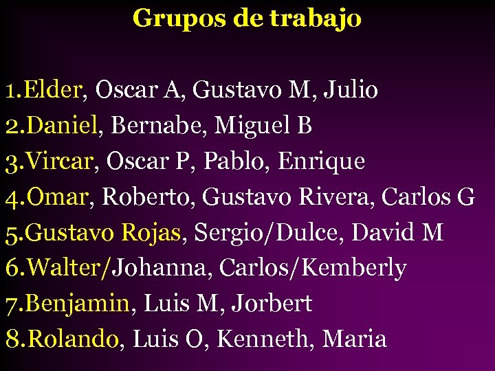 Grupos de trabajo 1. Elder, Oscar A, Gustavo M, Julio 2. Daniel, Bernabe, Miguel