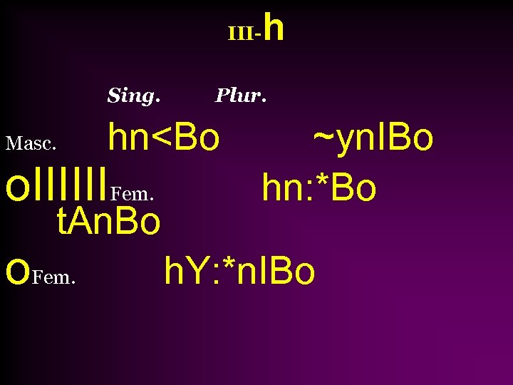 IIISing. Masc. t. An. Bo o. Fem. Plur. hn<Bo o. IIIIIIFem. h ~yn. IBo