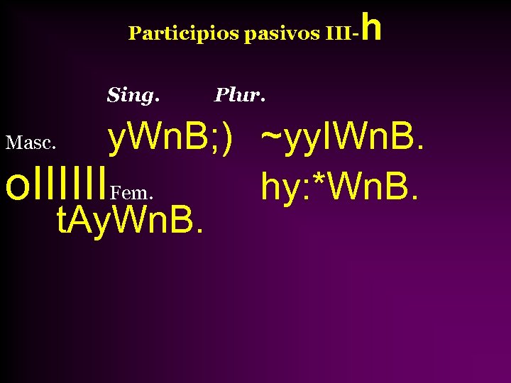 Participios pasivos IIISing. h Plur. y. Wn. B; ) ~yy. IWn. B. o. IIIIIIFem.