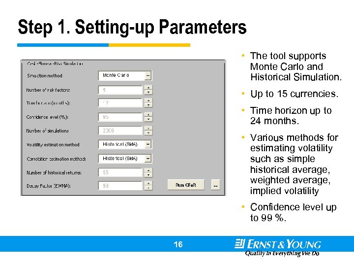 Step 1. Setting-up Parameters • The tool supports Monte Carlo and Historical Simulation. •