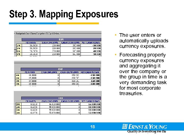 Step 3. Mapping Exposures • The user enters or automatically uploads currency exposures. •