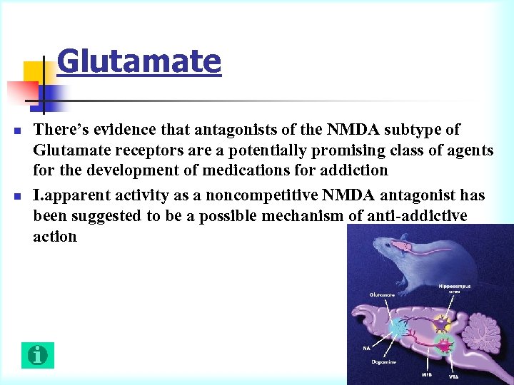 Glutamate n n There’s evidence that antagonists of the NMDA subtype of Glutamate receptors