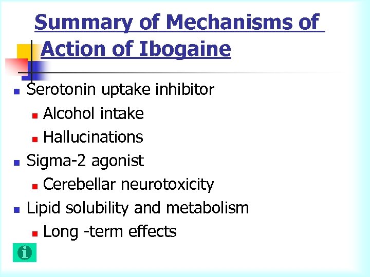 Summary of Mechanisms of Action of Ibogaine n n n Serotonin uptake inhibitor n