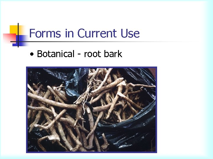 Forms in Current Use • Botanical - root bark 