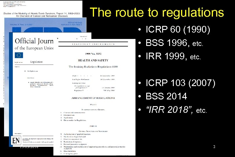 The route to regulations • ICRP 60 (1990) • BSS 1996, etc. • IRR