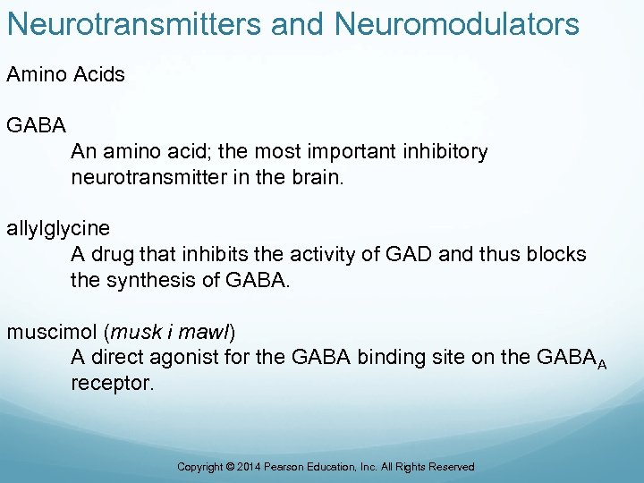 Neurotransmitters and Neuromodulators Amino Acids GABA An amino acid; the most important inhibitory neurotransmitter
