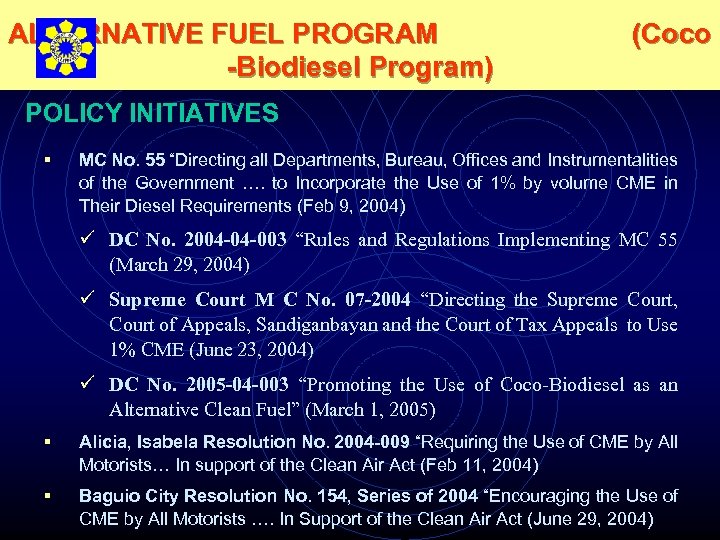 ALTERNATIVE FUEL PROGRAM -Biodiesel Program) (Coco POLICY INITIATIVES § MC No. 55 “Directing all