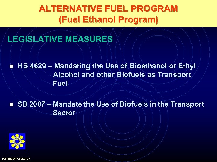 ALTERNATIVE FUEL PROGRAM (Fuel Ethanol Program) LEGISLATIVE MEASURES n HB 4629 – Mandating the