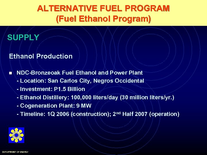 ALTERNATIVE FUEL PROGRAM (Fuel Ethanol Program) SUPPLY Ethanol Production n NDC-Bronzeoak Fuel Ethanol and