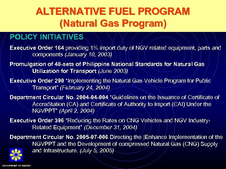 ALTERNATIVE FUEL PROGRAM (Natural Gas Program) POLICY INITIATIVES Executive Order 164 providing 1% import