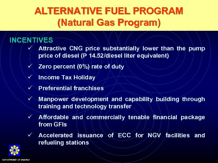 ALTERNATIVE FUEL PROGRAM (Natural Gas Program) INCENTIVES ü Attractive CNG price substantially lower than