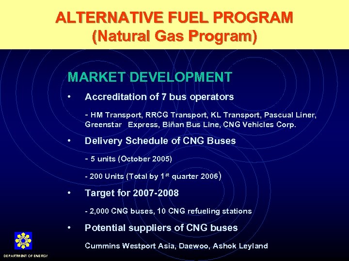 ALTERNATIVE FUEL PROGRAM (Natural Gas Program) MARKET DEVELOPMENT • Accreditation of 7 bus operators