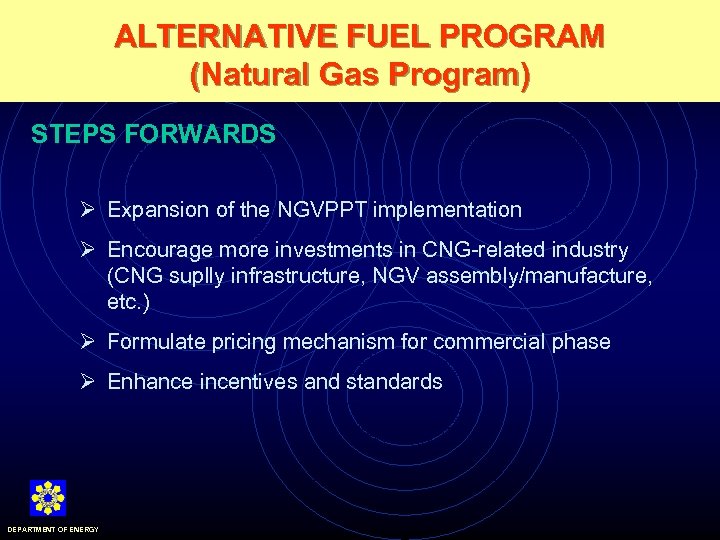 ALTERNATIVE FUEL PROGRAM (Natural Gas Program) STEPS FORWARDS Ø Expansion of the NGVPPT implementation