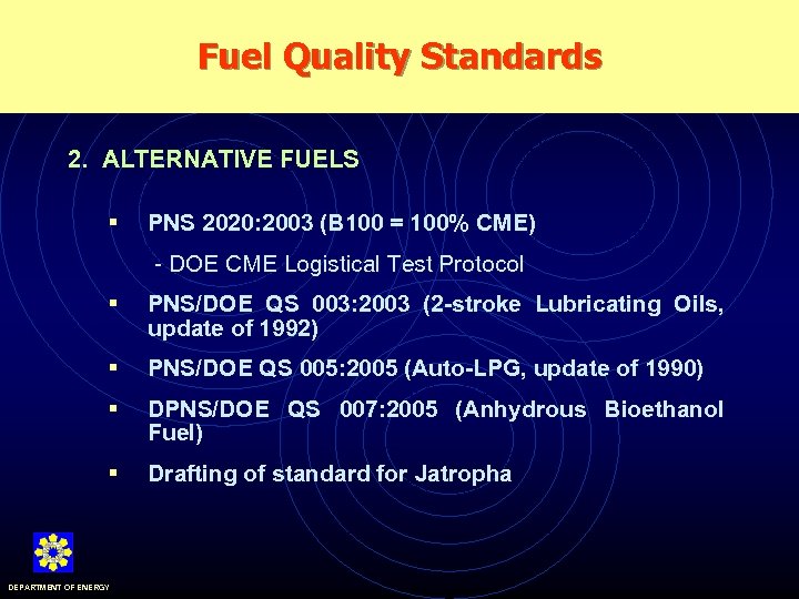 Fuel Quality Standards 2. ALTERNATIVE FUELS § PNS 2020: 2003 (B 100 = 100%