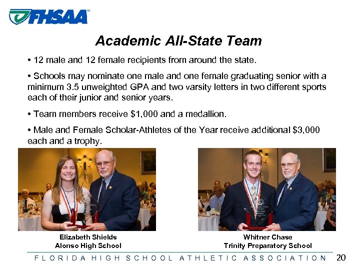 Academic All-State Team • 12 male and 12 female recipients from around the state.