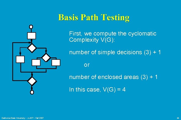 Basis Path Testing First, we compute the cyclomatic Complexity V(G): number of simple decisions