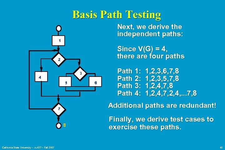 Basis Path Testing Next, we derive the independent paths: 1 Since V(G) = 4,