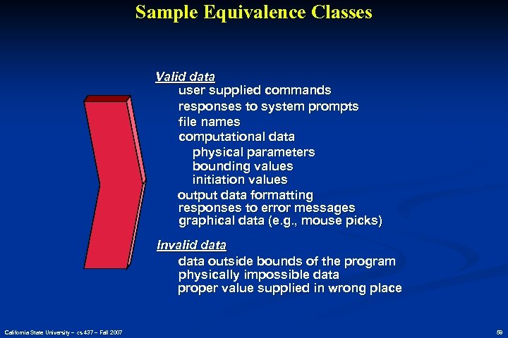 Sample Equivalence Classes Valid data user supplied commands responses to system prompts file names