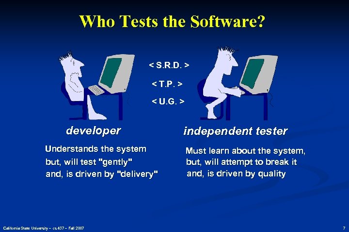 Who Tests the Software? < S. R. D. > < T. P. > <