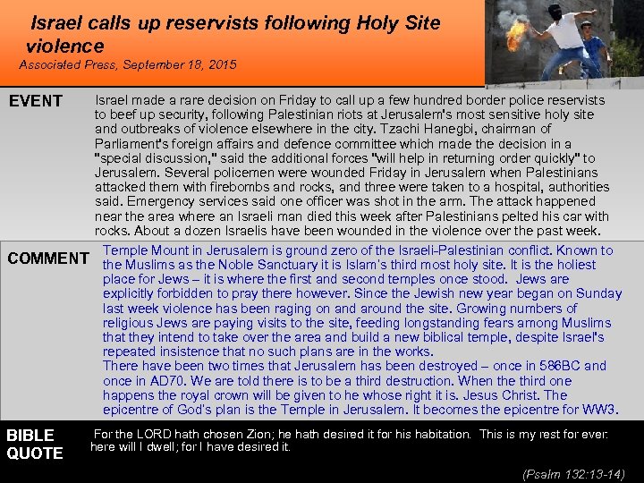 Israel calls up reservists following Holy Site violence Associated Press, September 18, 2015 EVENT
