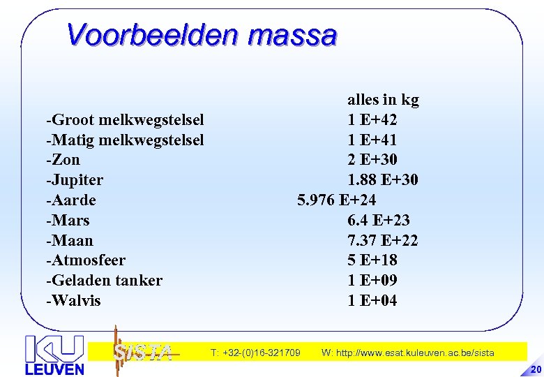 Voorbeelden massa -Groot melkwegstelsel -Matig melkwegstelsel -Zon -Jupiter -Aarde -Mars -Maan -Atmosfeer -Geladen tanker