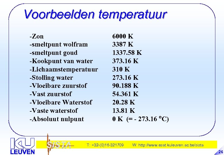 Voorbeelden temperatuur -Zon -smeltpunt wolfram -smeltpunt goud -Kookpunt van water -Lichaamstemperatuur -Stolling water -Vloeibare