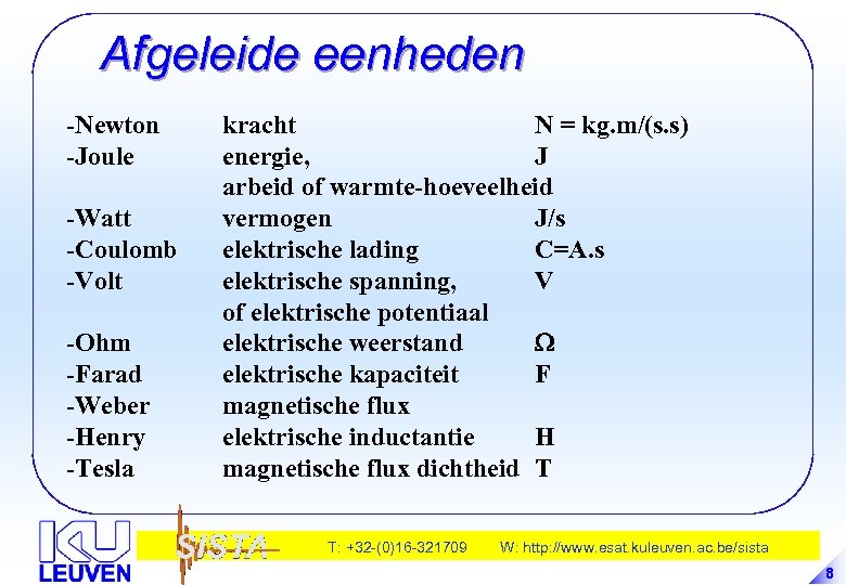 Afgeleide eenheden -Newton -Joule -Watt -Coulomb -Volt -Ohm -Farad -Weber -Henry -Tesla kracht N