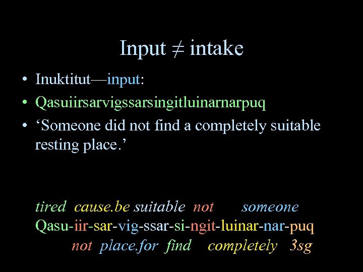 Input ≠ intake • Inuktitut—input: • Qasuiirsarvigssarsingitluinarnarpuq • ‘Someone did not find a completely