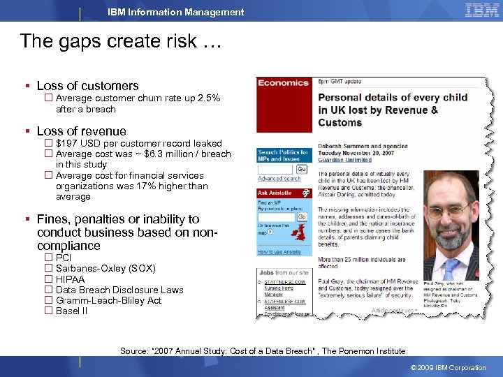 IBM Information Management The gaps create risk … § Loss of customers Average customer