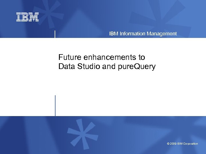 IBM Information Management Future enhancements to Data Studio and pure. Query © 2009 IBM