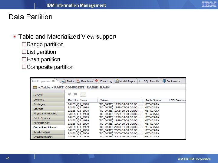 IBM Information Management Data Partition § Table and Materialized View support Range partition List