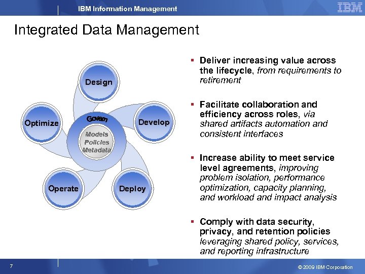 IBM Information Management Integrated Data Management § Deliver increasing value across the lifecycle, from