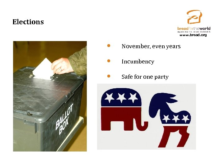 Elections www. bread. org • November, even years • Incumbency • Safe for one