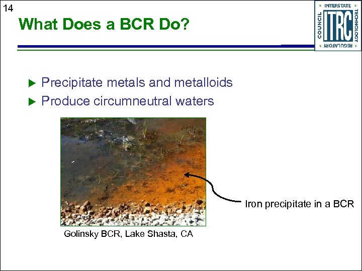 14 What Does a BCR Do? u u Precipitate metals and metalloids Produce circumneutral