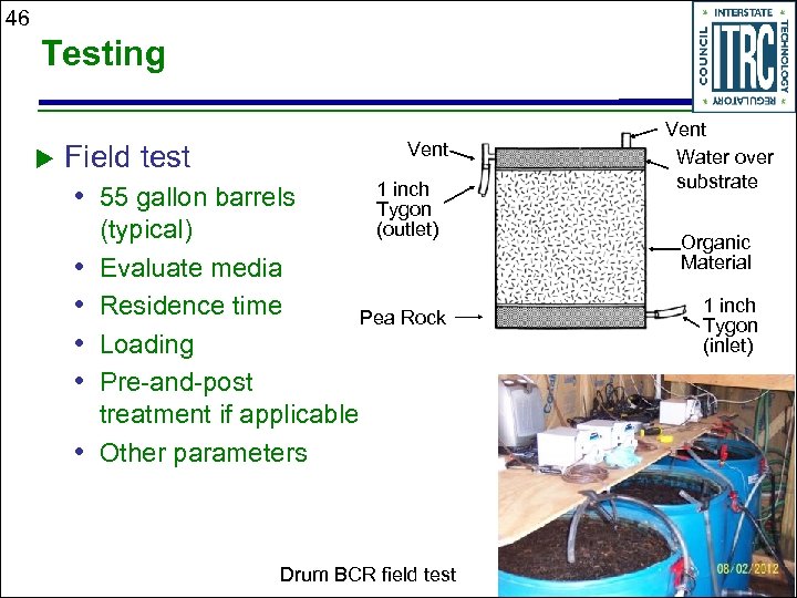 46 Testing u Field test • 55 gallon barrels • • • Vent 1