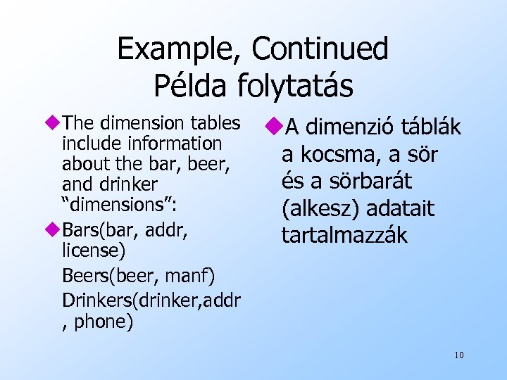 Example, Continued Példa folytatás u. The dimension tables include information about the bar, beer,
