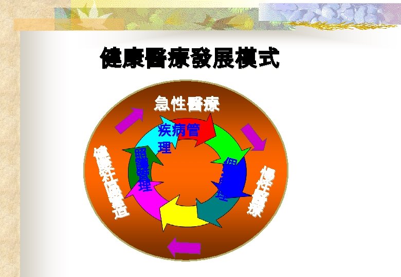 健康醫療發展模式 急性醫療 健 照 康 護 社 管 區 理 營 造 疾病管 理