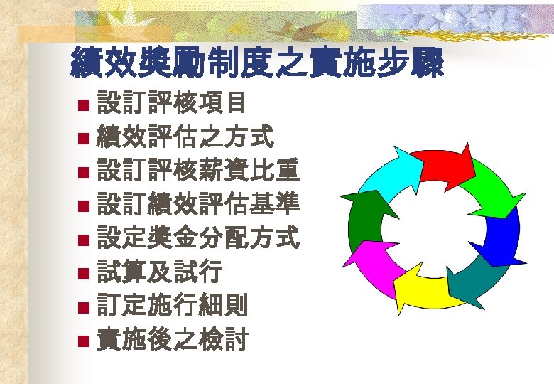 績效獎勵制度之實施步驟 n 設訂評核項目 n 績效評估之方式 n 設訂評核薪資比重 n 設訂績效評估基準 n 設定獎金分配方式 n 試算及試行 n