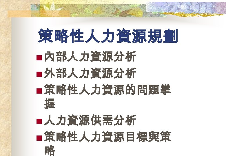 策略性人力資源規劃 n 內部人力資源分析 n 外部人力資源分析 n 策略性人力資源的問題掌 握 n 人力資源供需分析 n 策略性人力資源目標與策 略 