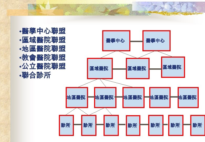  • 醫學中心聯盟 • 區域醫院聯盟 • 地區醫院聯盟 • 教會醫院聯盟 • 公立醫院聯盟 • 聯合診所 醫學中心