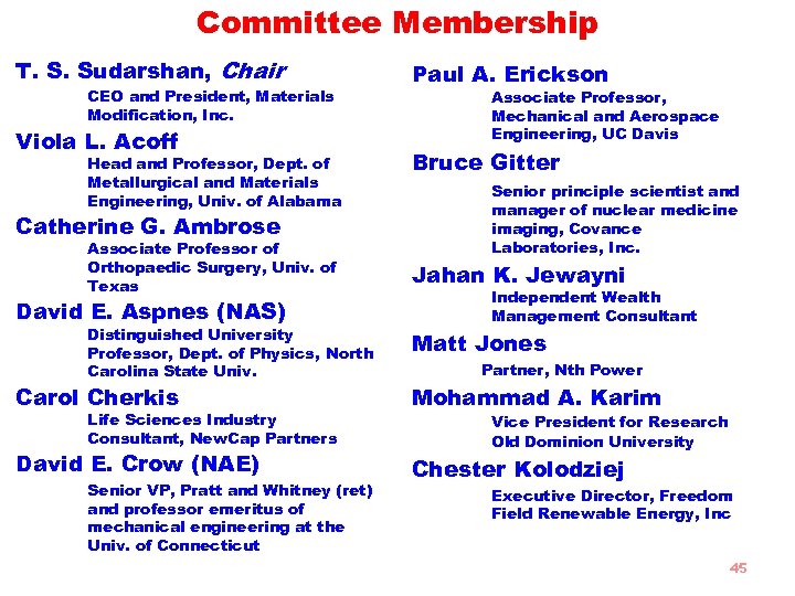 Committee Membership T. S. Sudarshan, Chair CEO and President, Materials Modification, Inc. Viola L.